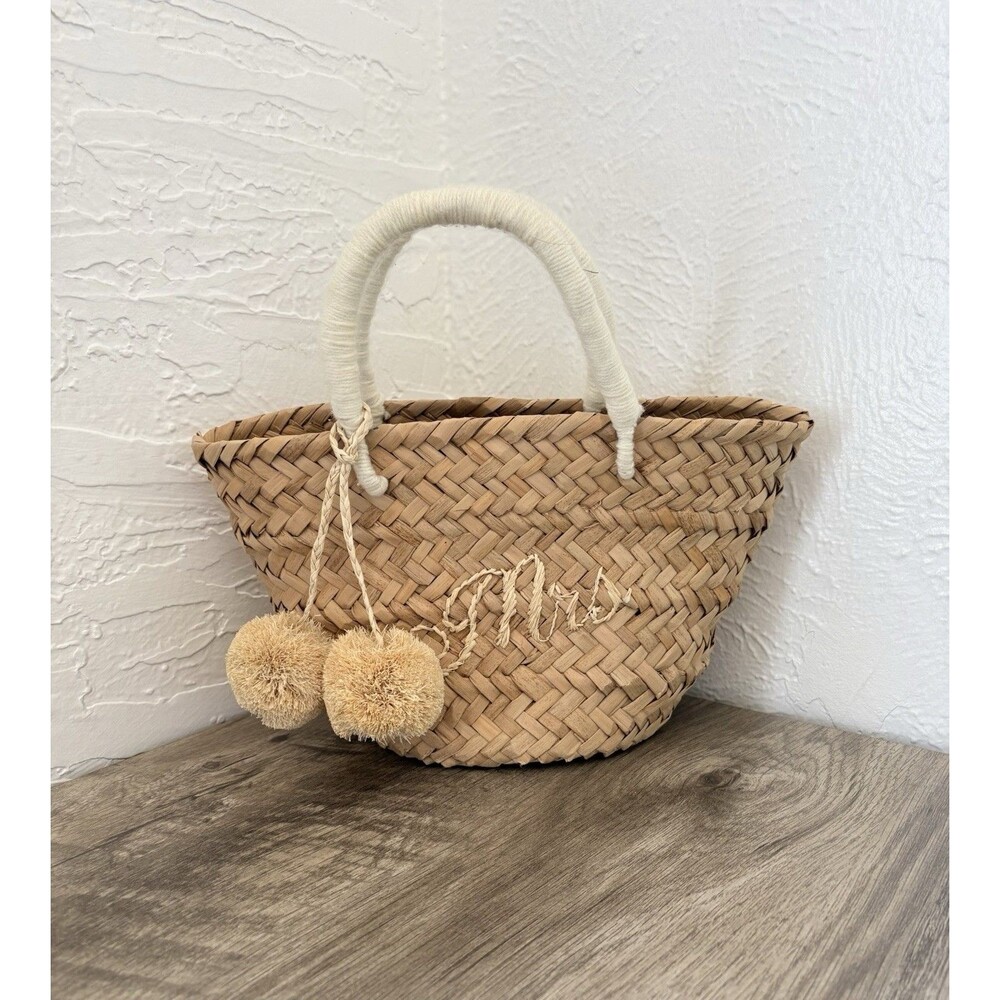 KAYU St. Tropez 100% Straw White Handle Pom Pom Basket Tote “Mrs” Embroidered
